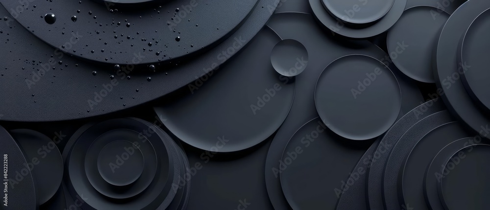 Poster the modern shape creates a background of black circle rings with a white abstract banner, complement