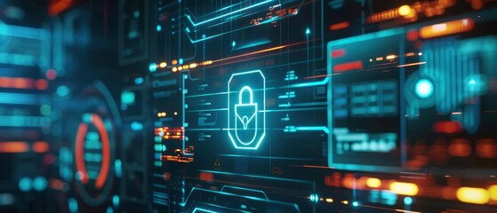 Obraz premium The digital screen features a lock, symbolizing the protection of digital data and the secure network maintained by cybersecurity measures