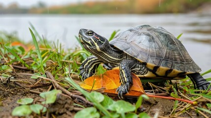 Obraz premium A turtle cheerfully playing with a fallen leaf on the grassy banks of a river.