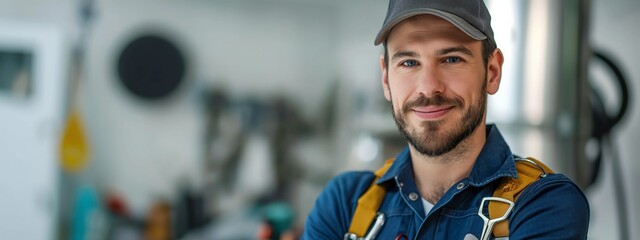 Creative portrait of a plumber in a minimalistic setup, isolated on a white background. The bright and clean design features the plumber holding tools, highlighting professionalism and readiness.

