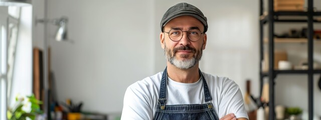 Creative and minimalistic portrait of a plumber with tools, isolated on a white background. The bright and clean design captures the plumber’s professionalism and skillful expertise.
