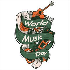 Obraz premium World music day typography design in flying banner with retro colorful design