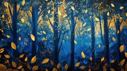 A vibrant wall painting featuring an enchanted forest in dark blue and bright gold, with light filtering through the leaves, creating a magical sparkle. Suitable for a focal point in any room.
