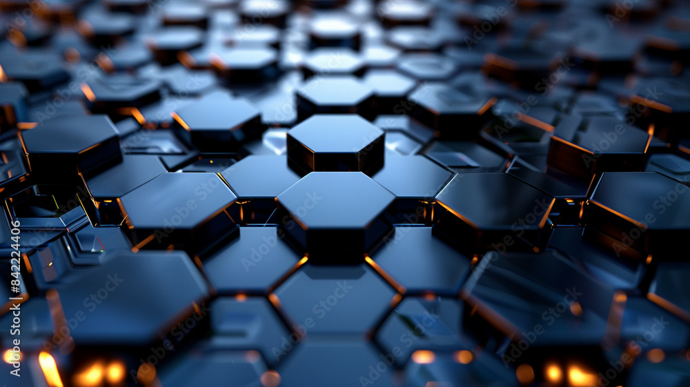 Poster metallic hexagon matrix, depicting a digital hexagon abstract background with an array of metallic h