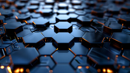 Fototapeta premium Metallic Hexagon Matrix, depicting a digital hexagon abstract background with an array of metallic hexagons featuring reflective surfaces