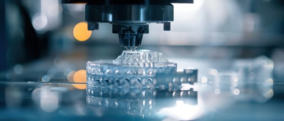 industrial machine printing a plastic part, with the focus on its intricate mechanical design and lighting effects