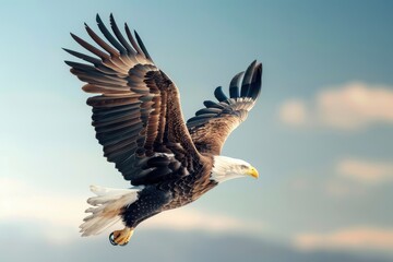 Obraz premium Majestic bald eagle soaring in the sky with wings spread wide, showcasing its powerful presence against a backdrop of clouds and blue sky.