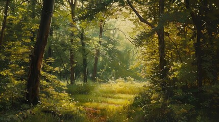 Naklejka premium Foliage in the woods during a warm summer afternoon