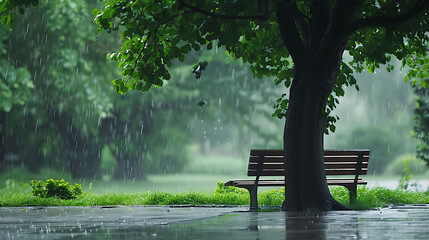 A park bench under a tree in the rain 