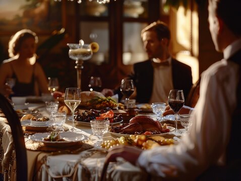 Elegant Dinner Party with Friends, Fine Dining, Gourmet Food, Wine, and Sophisticated Atmosphere in a Luxurious Setting, Perfect for Celebrations, Gatherings, and Special Occasions