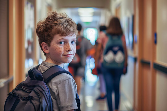 Boy with freckles and backpack standing in school hallway