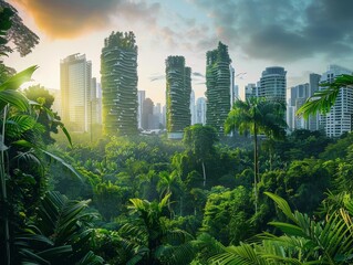Futuristic Green Urban Landscape with Eco-Friendly Skyscrapers and Lush Vegetation at Sunrise in a Modern City