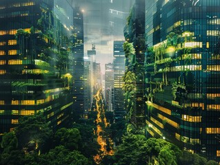 Obraz premium Futuristic Urban Jungle: Modern Cityscape with Skyscrapers and Lush Greenery, Illuminated at Night