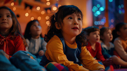 Children captivated during a storytelling session in a festive setting