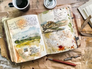 Artistic Travel Journal with Watercolor Sketches and Handwritten Notes on Rustic Wooden Table with Coffee and Pen