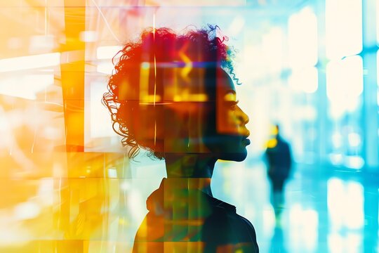 Silhouette of a woman with colorful lights reflecting on her face.