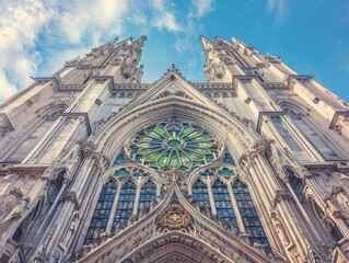 Obraz premium Gothic Cathedral Facade with Stained Glass Rose Window and Ornate Architectural Details Against a Blue Sky