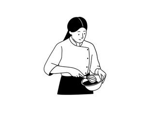Young woman chef baking cake