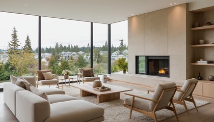 Fototapeta premium A living room with a fireplace and a view of the mountains