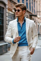 Obraz premium Businessman in a white suit with a blue shirt