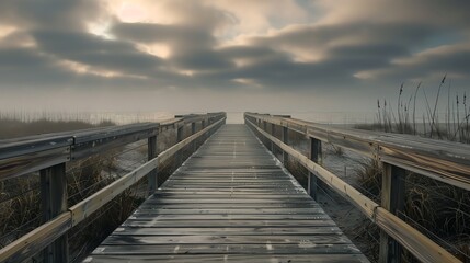 Fototapeta premium A wooden dock extends out over a calm sea. The sky is cloudy, but the sun is still shining. The water is a deep blue color, and the sand is white.