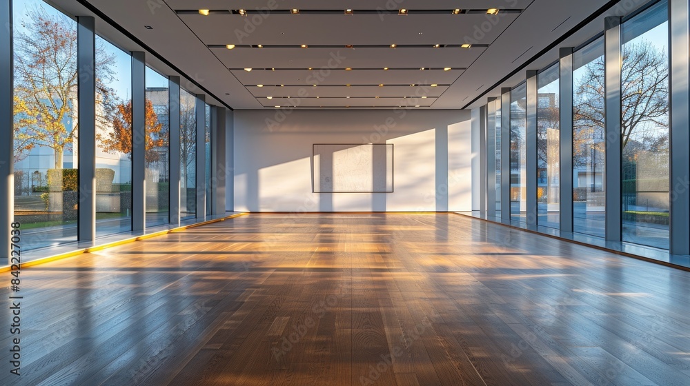 Poster background image of spacious empty room with large floor-to-ceiling windows with sun shine and parqu