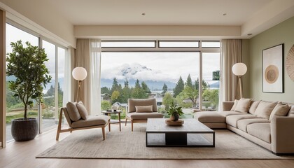 Fototapeta premium A living room with a fireplace and a view of the mountains
