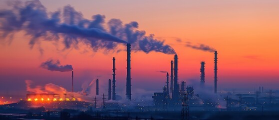 Obraz premium industrial plant at dusk, with the silhouette of tall chimneys and glowing lights against a twilight sky
