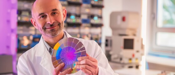scientist holding a round silicon wafer of new generation of microchips