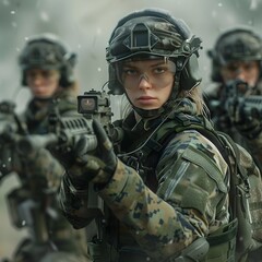 Fototapeta premium Highly Trained Female Soldier in Advanced Military Field Exercise