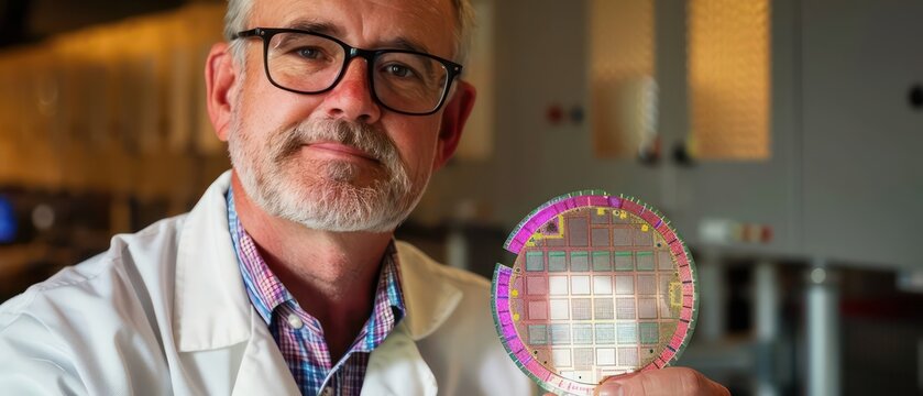 scientist holding a round silicon wafer of new generation of microchips