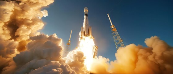 rocket launch from the ground, blue sky in background, smoke coming out of top of rack