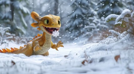 A yellow baby dragon with a cheeky grin, trying to catch snowflakes on its tongue as it experiences its first snowfall in a quiet, snow-covered forest.