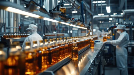 Fototapeta premium Factory industrial, A Beverage factory production line supervisor and employees working together on beverage production line in beverage factory, industrial background.