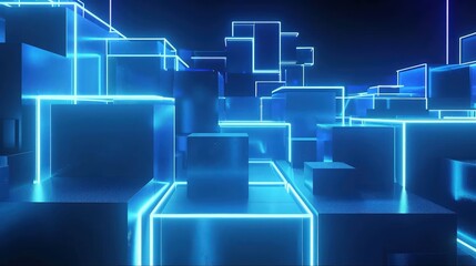 Abstract geometric shapes cubic blocks background with blue neon backlight. Seamless loop 3D render animation.