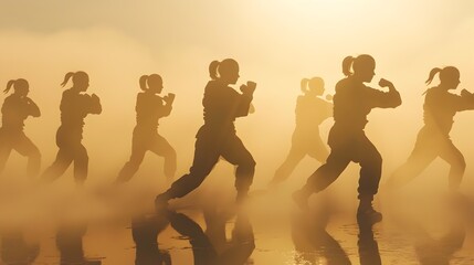 Women Training in Krav Maga for Self-Defense and Fitness,Silhouetted against Glowing Backdrop