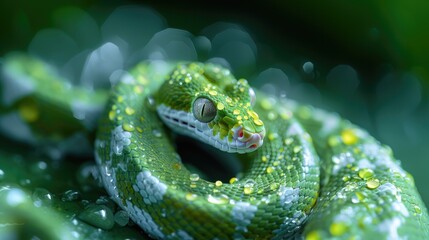 Fototapeta premium a green snake closeup. Symbol of 2025 year.