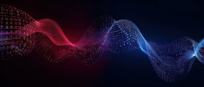 data science or artificial intelligence digital background featuring blue and red binary code waves