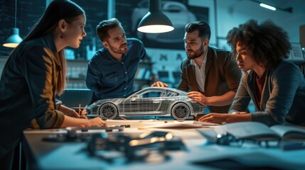 A group of people sharing a fun leisure event, sitting around a table, looking at a model car. AIG41