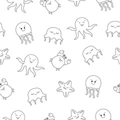 Cartoon aquatic animals. Seamless pattern. Coloring Page. Fish characters underwater world. Marine life. Vector drawing. Design ornaments.