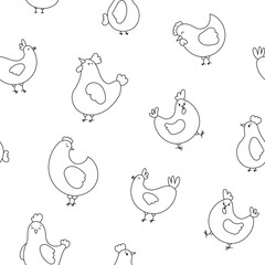 Hen rooster and chick. Seamless pattern. Coloring Page. Cute chicken farm characters. Vector drawing. Design ornaments.
