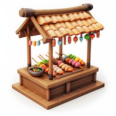 Charming 3D Rendered Street Food Stall with Moo Ping Skewers Cooking over Coals on Isolated White Background in Chibi, Cute Icon Style
