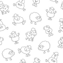 Sheep character cartoon. Seamless pattern. Coloring Page. Cute farm animal. Flower, grass and plant. Vector drawing. Design ornaments.