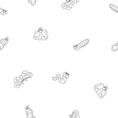 Cute insects cartoon characters. Seamless pattern. Coloring Page. Funny small animals. Vector drawing. Design ornaments.