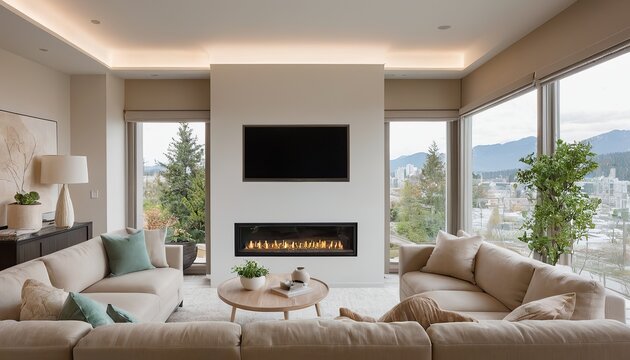 Exquisite living area in a newly built luxurious contemporary house Showcasing high arched ceilings