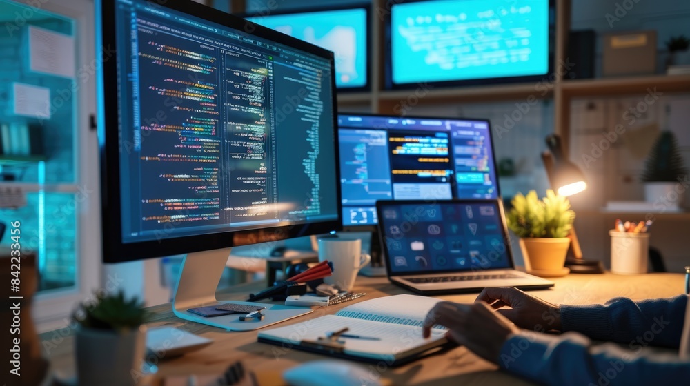 Poster a focused software developer codes on a dual monitor setup in a modern office environment with a min