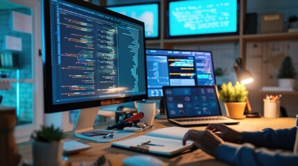 A focused software developer codes on a dual monitor setup in a modern office environment with a minimalist aesthetic. AIG41