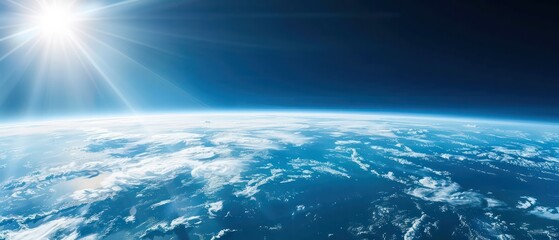 Earth from space, blue sky with sun in upper left corner, atmospheric perspective, dark background