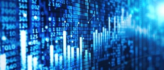 stock market, white numbers and lines showing the stock trends, white bar graph in blue background