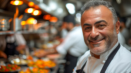 Obraz premium Chefs hard at work in a busy kitchen 